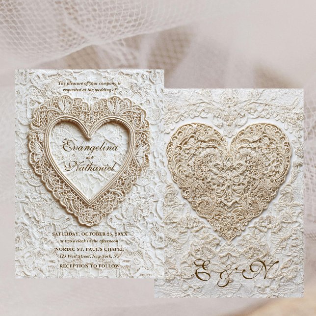 Faux Embroidery Timeless Lace Heart Formal Wedding Einladung (Von Creator hochgeladen)