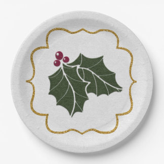 Faux Felt and Gold Glitter Holly Leaves Berries Pappteller