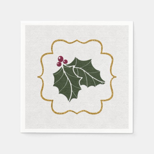 Faux Felt and Gold Glitter Holly Leaves Berries Serviette (Vorderseite)