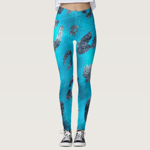 Faux-Folie Glänzender Look Silber & Blau Leoparden Leggings