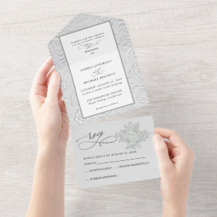 Faux geprägte weiße Rosen Hochzeit All In One Einladung