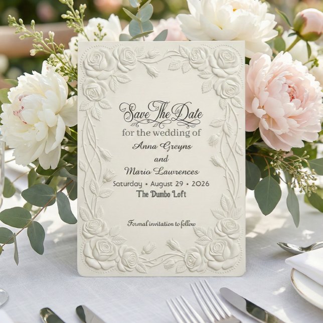 Faux geprägter 3D-Blumen-Relief-Effekt in Creme Save The Date (Von Creator hochgeladen)