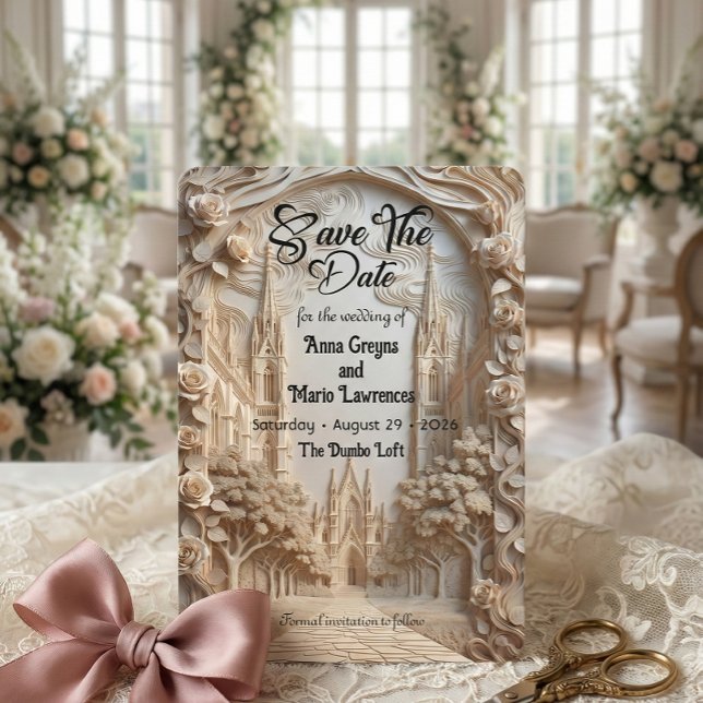 Faux geprägter Kathedralenbogen mit floralem Relie Save The Date (Von Creator hochgeladen)