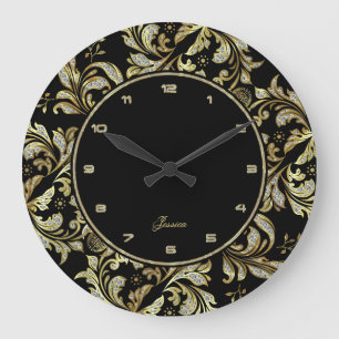 Faux Glitter And Gold Lace On Black Background Große Wanduhr