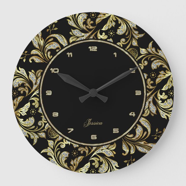 Faux Glitter And Gold Lace On Black Background Große Wanduhr (Vorderseite)