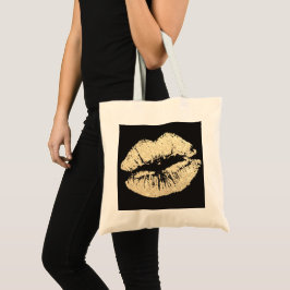 Faux Glitter Gold Lips Budget Tote Shopping Bag Tragetasche