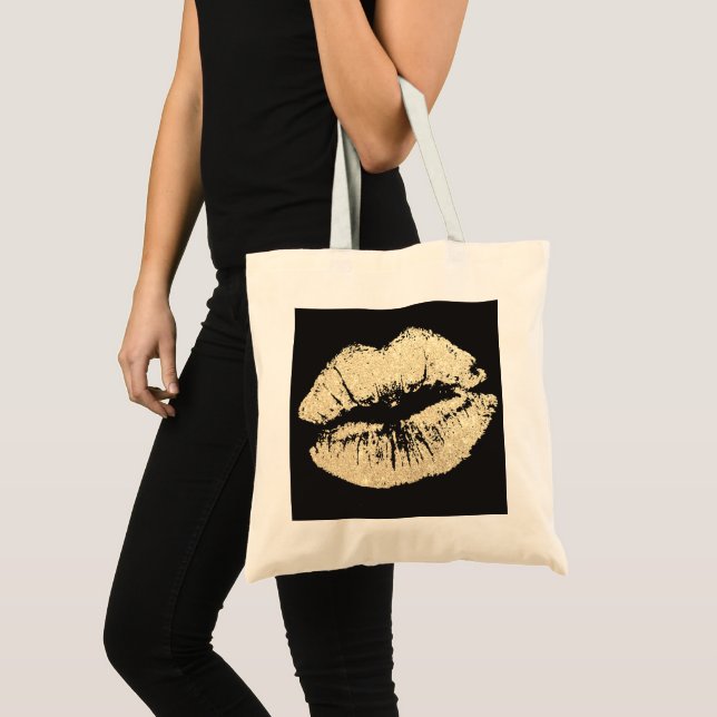 Faux Glitter Gold Lips Budget Tote Shopping Bag Tragetasche (Vorderseite (Produkt))