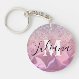 Faux Glitter Pink gebürstetes Metall monogrammiert Schlüsselanhänger