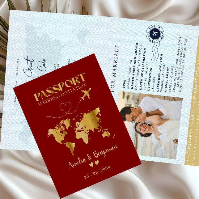 Faux Gold Airplane Passport Destination Wedding  Einladung (Von Creator hochgeladen)