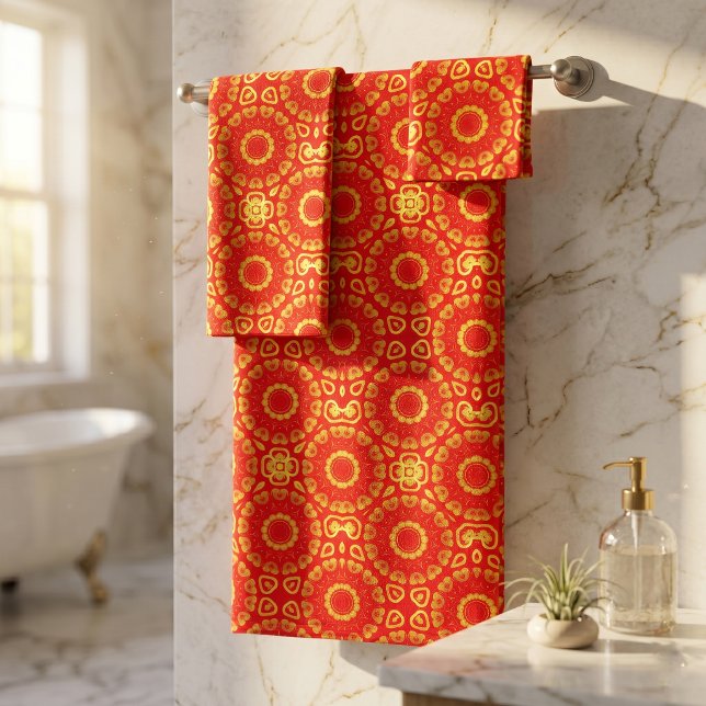 Faux Gold and Red Stylish Chic Decorative Pattern Badhandtuch Set (Von Creator hochgeladen)
