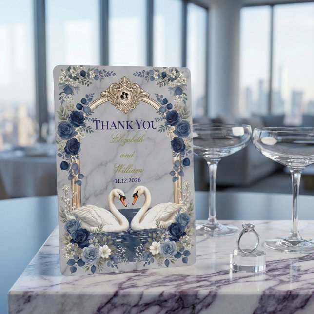 Faux Gold Arch Navy Blue Swan Marble Effect Dankeskarte (Von Creator hochgeladen)
