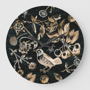 Faux Gold Bird Beetles Flowers Cherry Fruits Große Wanduhr