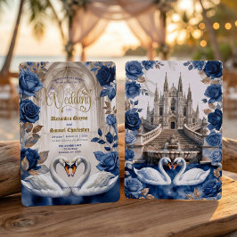 Faux Gold & Bronze Swans Marble Cathedral Wedding Einladung