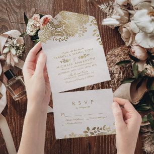 Faux-Gold elegante Vintage-Spitze Hochzeit All In One Einladung