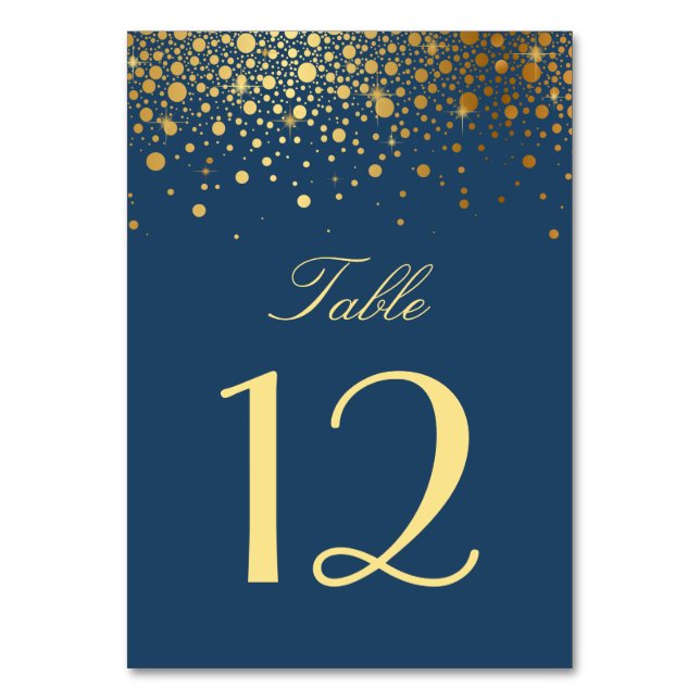 Faux Gold Foil Confetti Dots Navy Blue Tischnummer (Vorderseite)