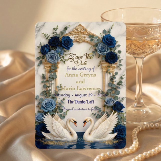 Faux Gold Foil & Marble Swans Royal Blue Floral Save The Date (Von Creator hochgeladen)