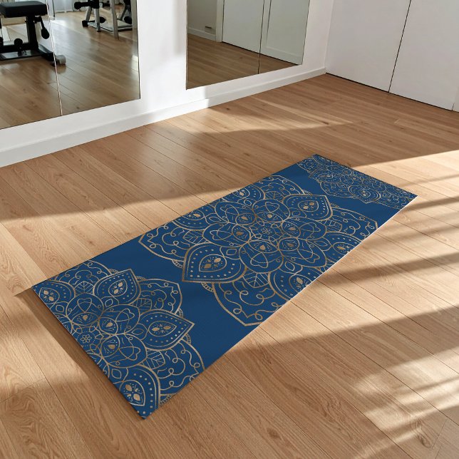 Faux Gold Foil On Dark Blue Decorative Mandala Yogamatte (Disclaimer: This image is a digital mockup.)