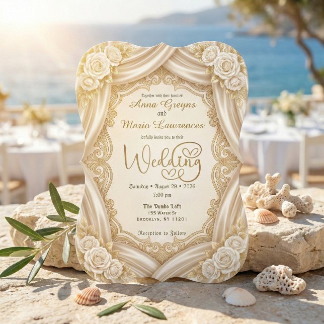 Faux Gold Foil Ornate Frame Printed Satin Wedding  Einladung (Von Creator hochgeladen)