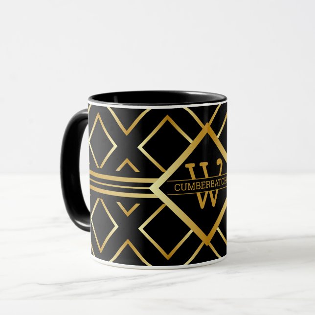 FAUX Gold Geometric Pattern with Monogram on BLACK Tasse (Vorderseite Links)