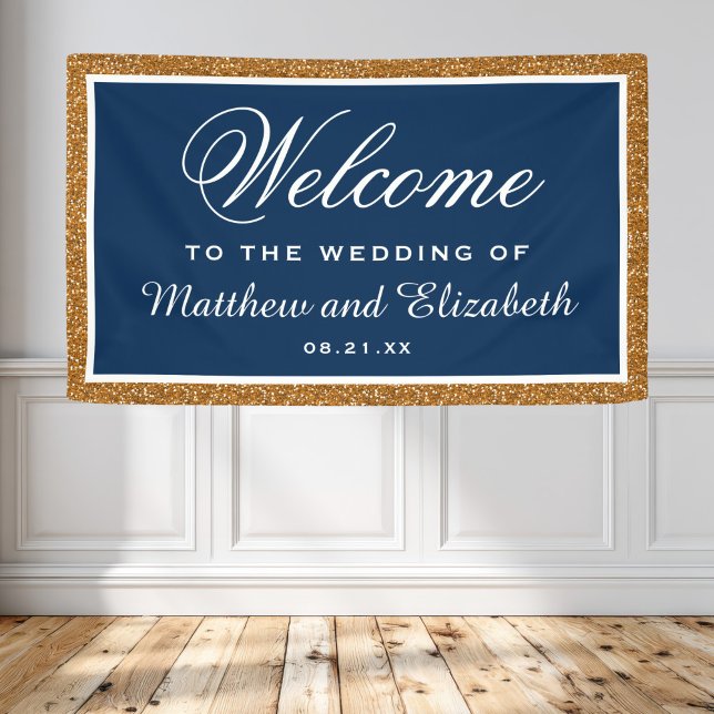 Faux Gold Glitter Navy Blue Wedding Welcome Banner (Von Creator hochgeladen)