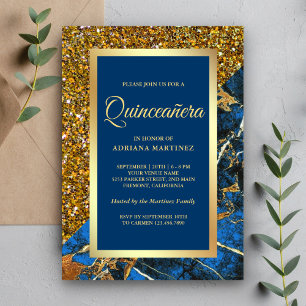 Faux Gold Glitter Royal Blue Marble Quinceanera Einladung