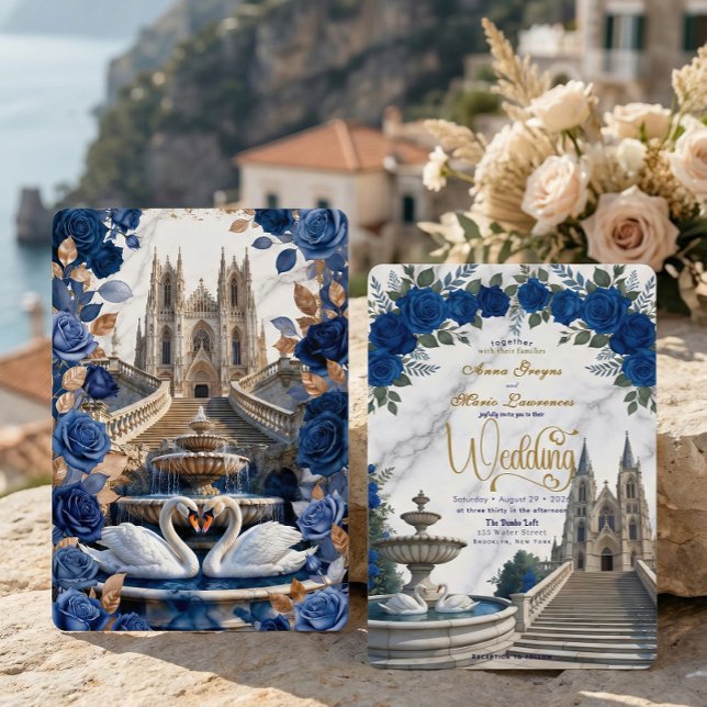 Faux Gold Marmor & Royal Blue Rose Kathedrale Einladung (Von Creator hochgeladen)