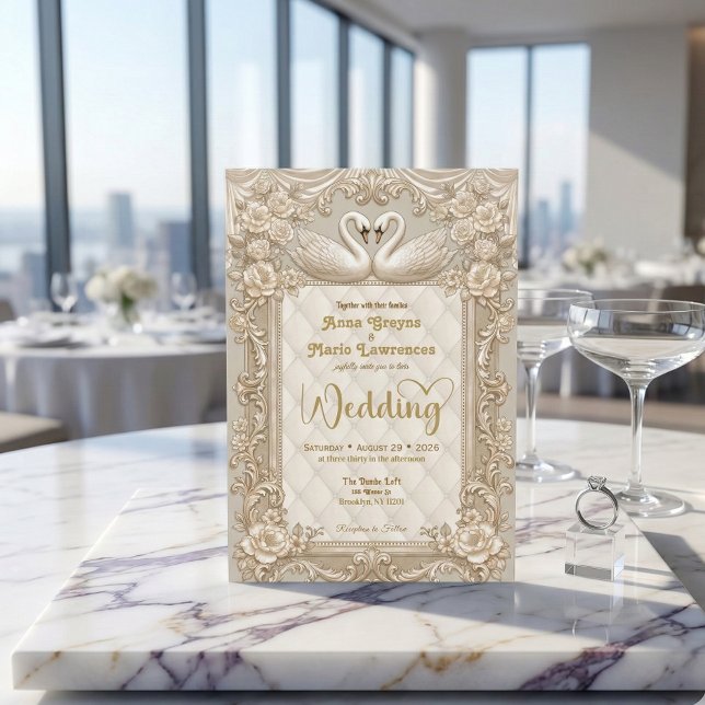 Faux Gold Quilted & Printed Pearl Rococo Swans Einladung (Von Creator hochgeladen)