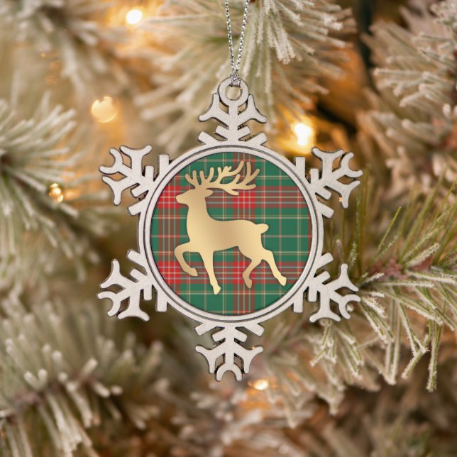 Faux Gold Reindeer Plaid Schneeflocken Zinn-Ornament (Baum)