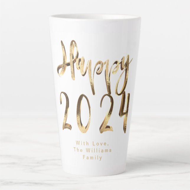 Faux Gold Script Happy 2024 New Year's Milchtasse (Vorderseite)