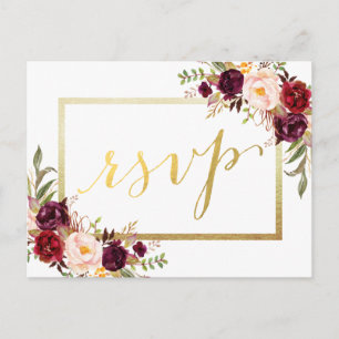 Faux Goldfolie Burgunder Blumen Hochzeit RSVP Postkarte
