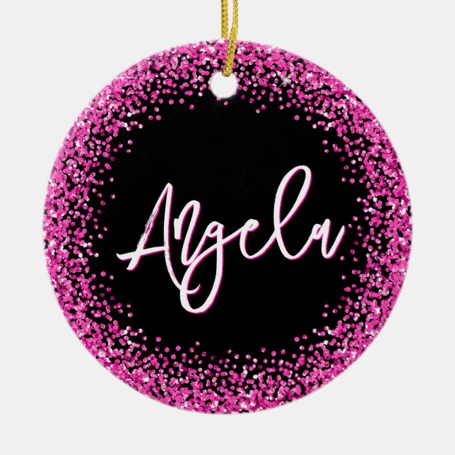 Faux Hot Pink Glitter Black Photo Keramik Ornament (Vorne)
