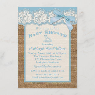 FAUX Jute Ivory Spitze, Blaues Babyshower-Einladun Einladung