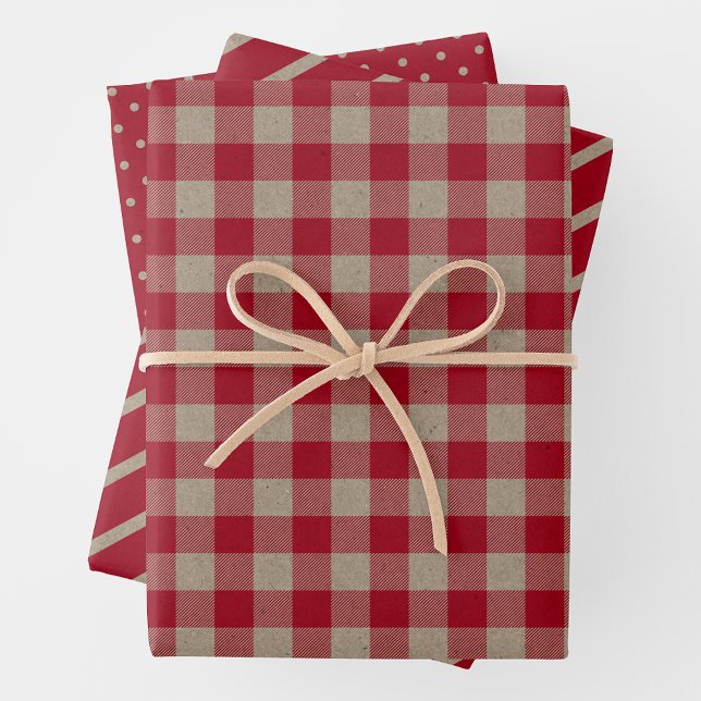 Faux Kraft Paper With Plaid, Stripes & Polka Dots Geschenkpapier Set (Faux Brown & Red Kraft Paper w/ Plaid, Stripes & Polka Dots)