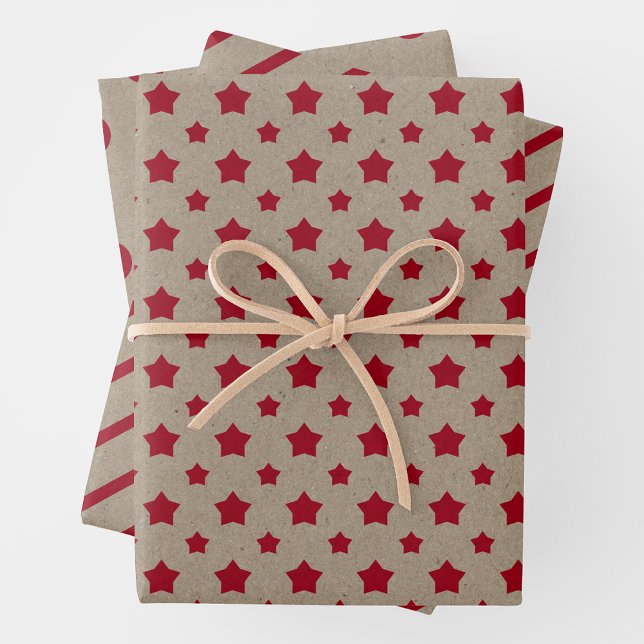 Faux Kraft Paper With Stars, Stripes & Polka Dots Geschenkpapier Set (Faux Brown Kraft Paper w/ Red Stars, Stripes & Polka Dots)