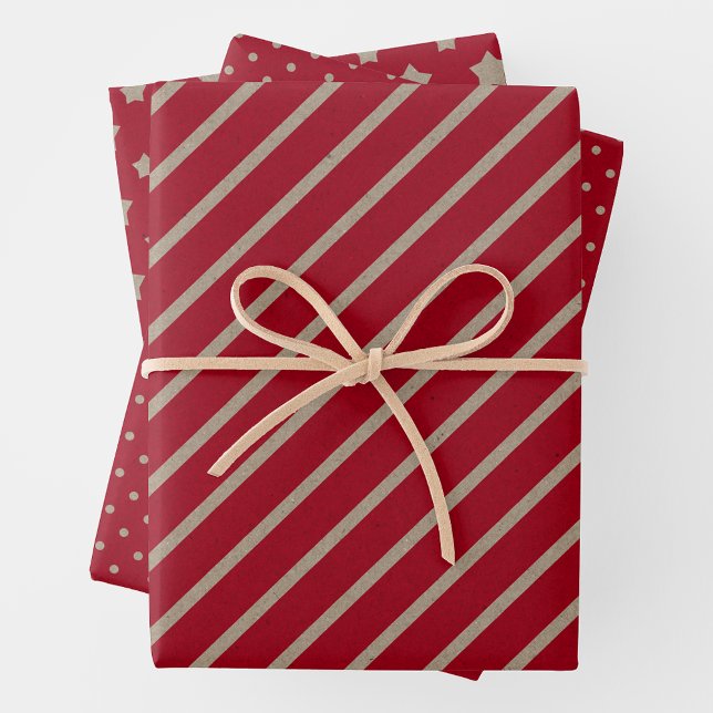Faux Kraft Paper With Stars, Stripes & Polka Dots Geschenkpapier Set (Faux Red Kraft Paper w/ Brown Stars, Stripes & Polka Dots)