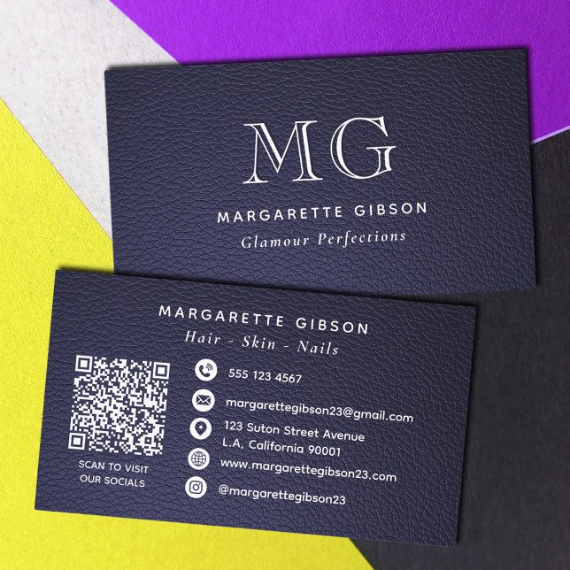 Faux-Leder Dunkelblau und Weiß Monogramm QR-Code Visitenkarte (Von Creator hochgeladen)