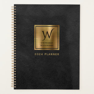 Faux-Leder-Optik Schwarz Gold Monogramm 2024 Planer