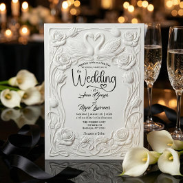 Faux Letterpress Embossed Floral Swan Wedding   Einladung