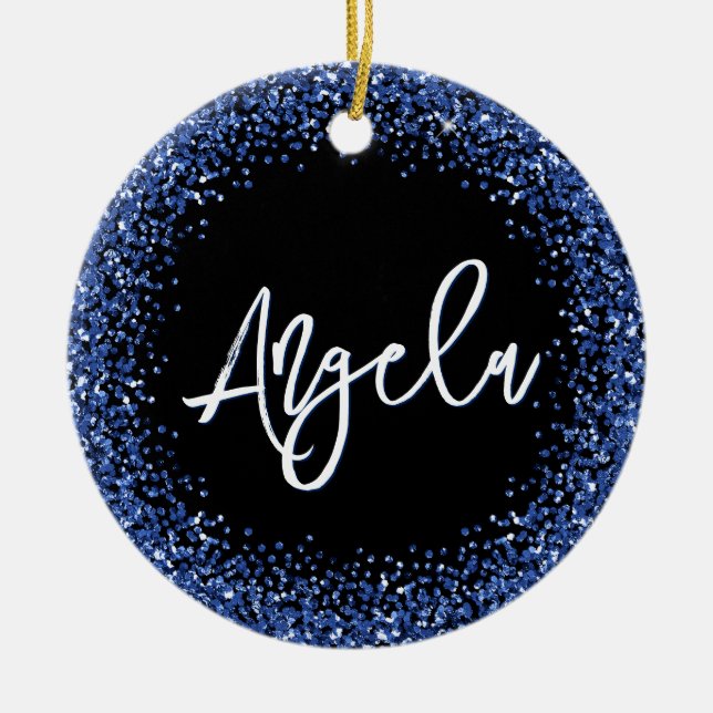 Faux Navy Blue Glitter Black Photo Keramik Ornament (Vorne)