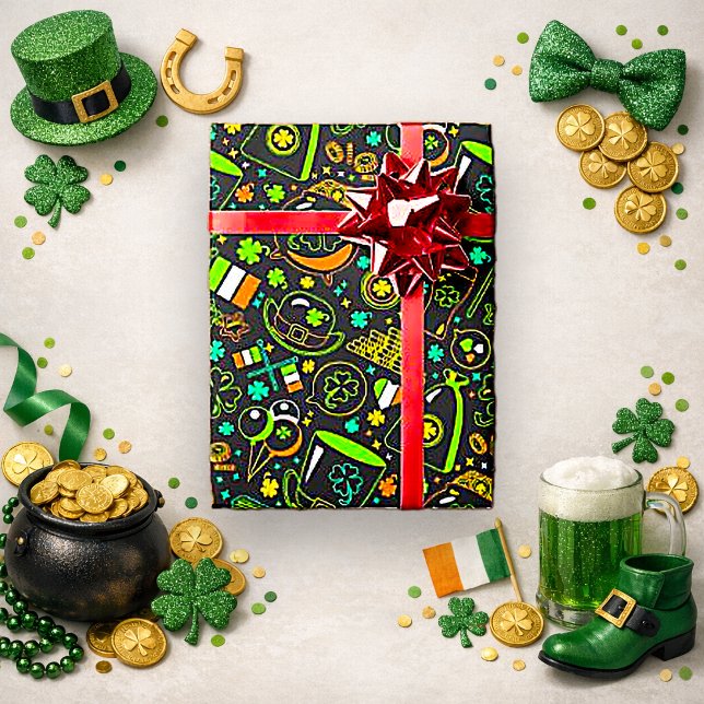 Faux Neon St. Patrick’s Day Irish Icon Pattern Geschenkpapier (Von Creator hochgeladen)
