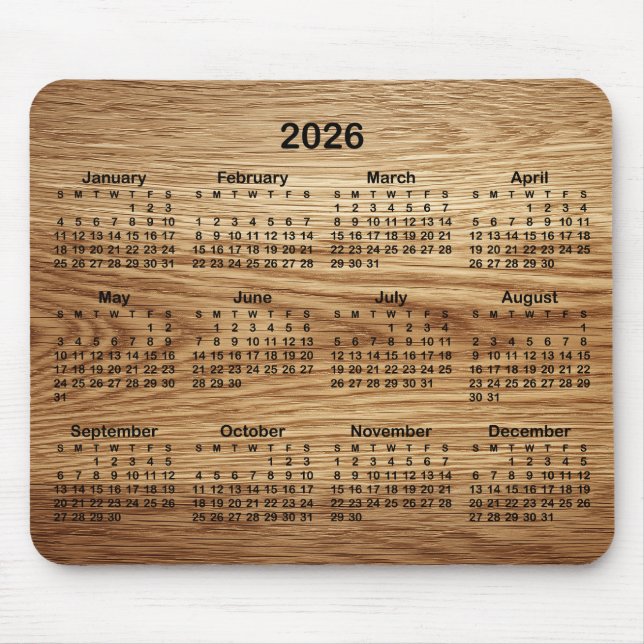 Faux Oak Wood 2026 Calendar Mousepad (Vorne)