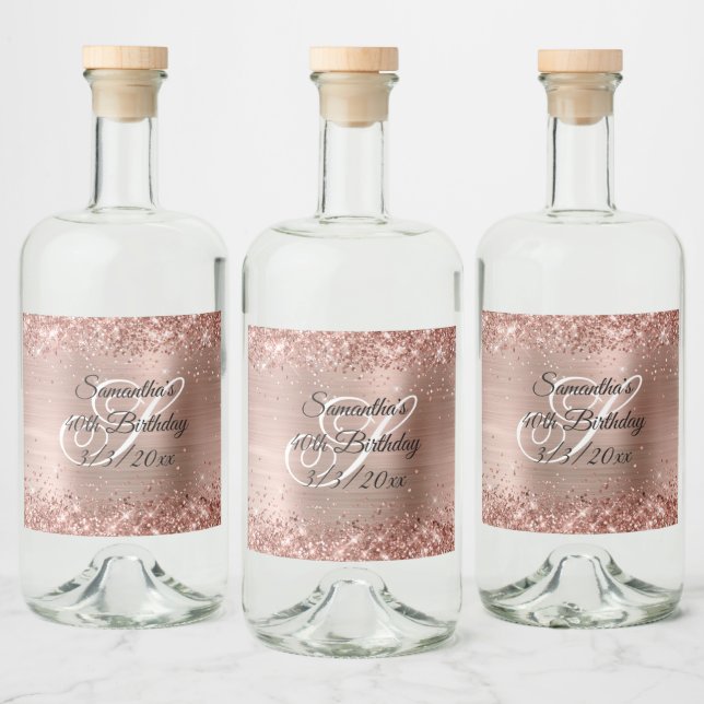 Faux Rose Gold Glitter and Foil 40th Birthday Alkoholflaschenetikett (Flaschen)