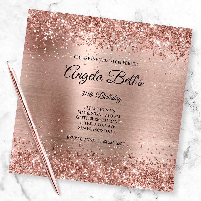 Faux Shiny Rose Gold Glitter Brushed Foil Monogram Einladung (Create your own milestone birthday invitation for her.)