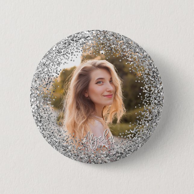 Faux Silver Glitter Photo Button (Vorderseite)