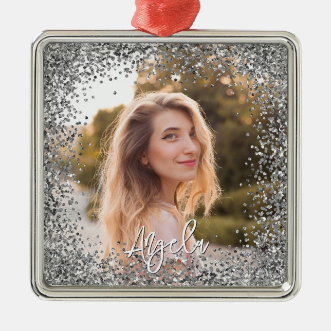 Faux Silver Glitter Photo Ornament Aus Metall (Vorne)