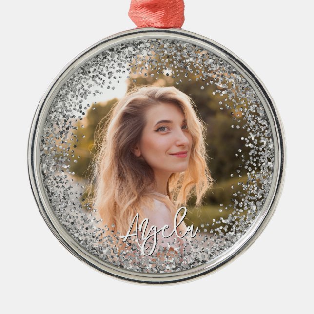 Faux Silver Glitter Photo Ornament Aus Metall (Vorne)