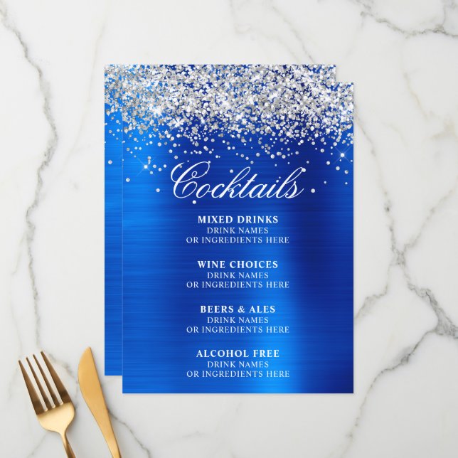 Faux Silver Glitter Royal Blue Foil Cocktails Bar Menükarte (Vorderseite/Rückseite Beispiel)