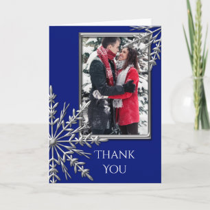 Faux Silver Snowflake on Blue Thank You Note Photo Dankeskarte