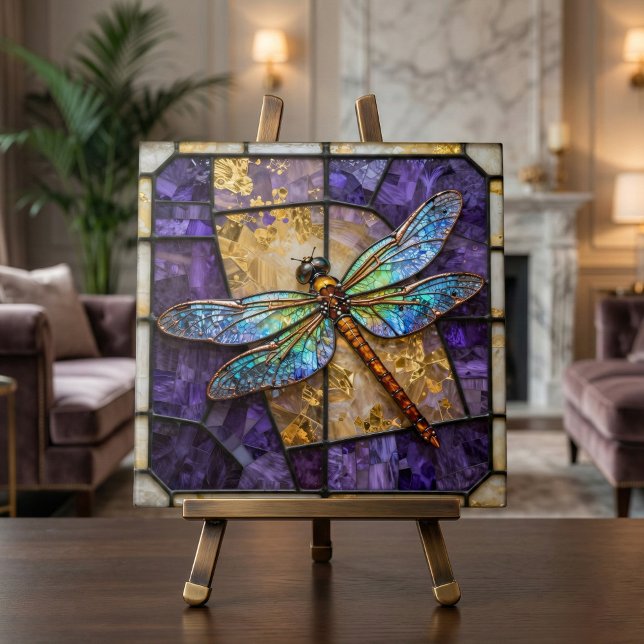 Faux Stained Glass Dragonfly Purple Gold Mosaic Fliese (Von Creator hochgeladen)