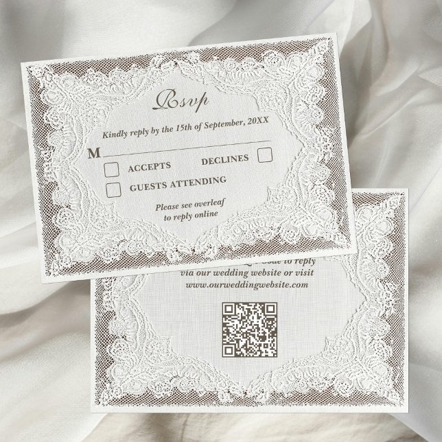 Faux-Stickerei Zeitloser Spitzen-QR-Code-Hochzeits RSVP Karte (Von Creator hochgeladen)